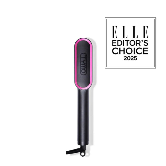 TYMO RING hair straightener comb, black with pink trim, 2-in-1 blowout and sleek styling.